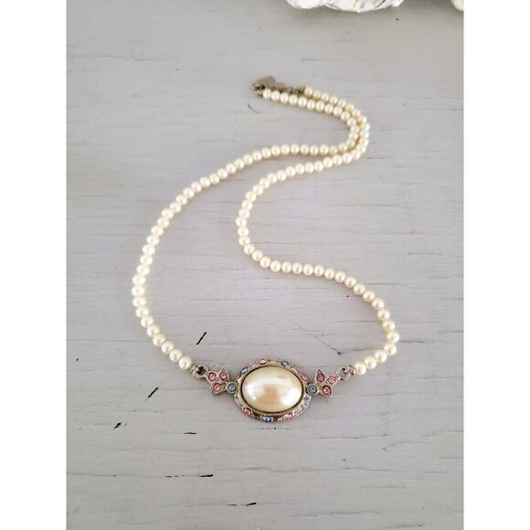 Vintage 1928 Faux Pearl and Rhinestone Choker Necklace - Picture 1 of 6